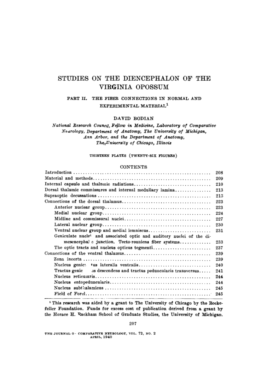 Studies on Ti&Diencephalon of the Vir'i' 4Nia Opossum