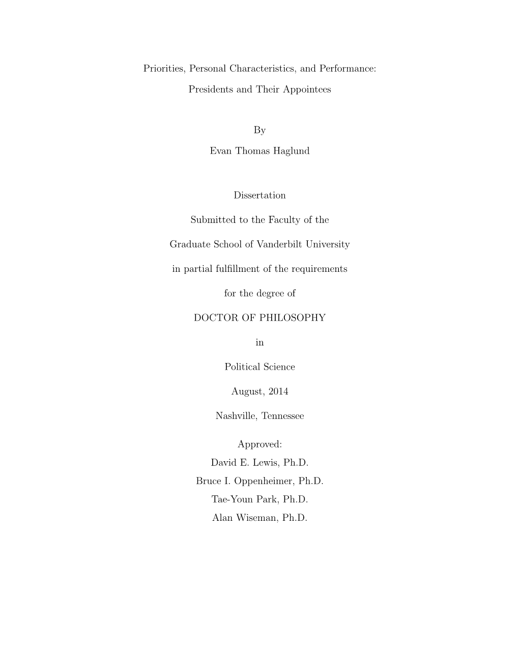 Presidents and Their Appointees by Evan Thomas Haglund Dissertation