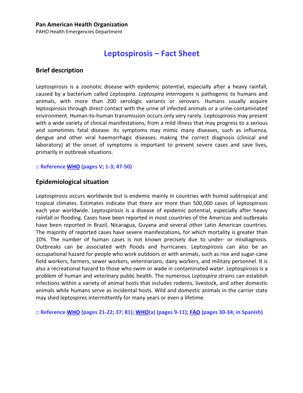 Leptospirosis – Fact Sheet