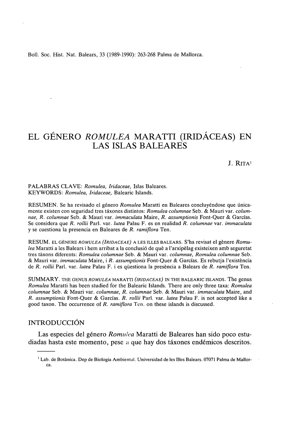 El Género Romulea Maratti (Iridáceas) En Las Islas Baleares