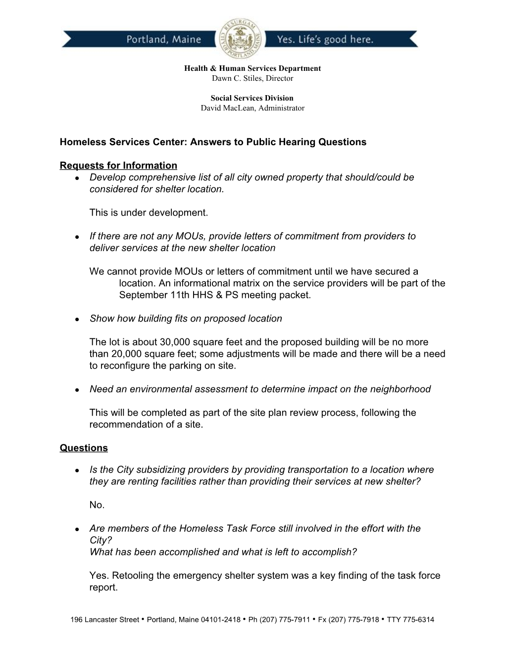 HHS and PS Homeless Services Center Question Answers