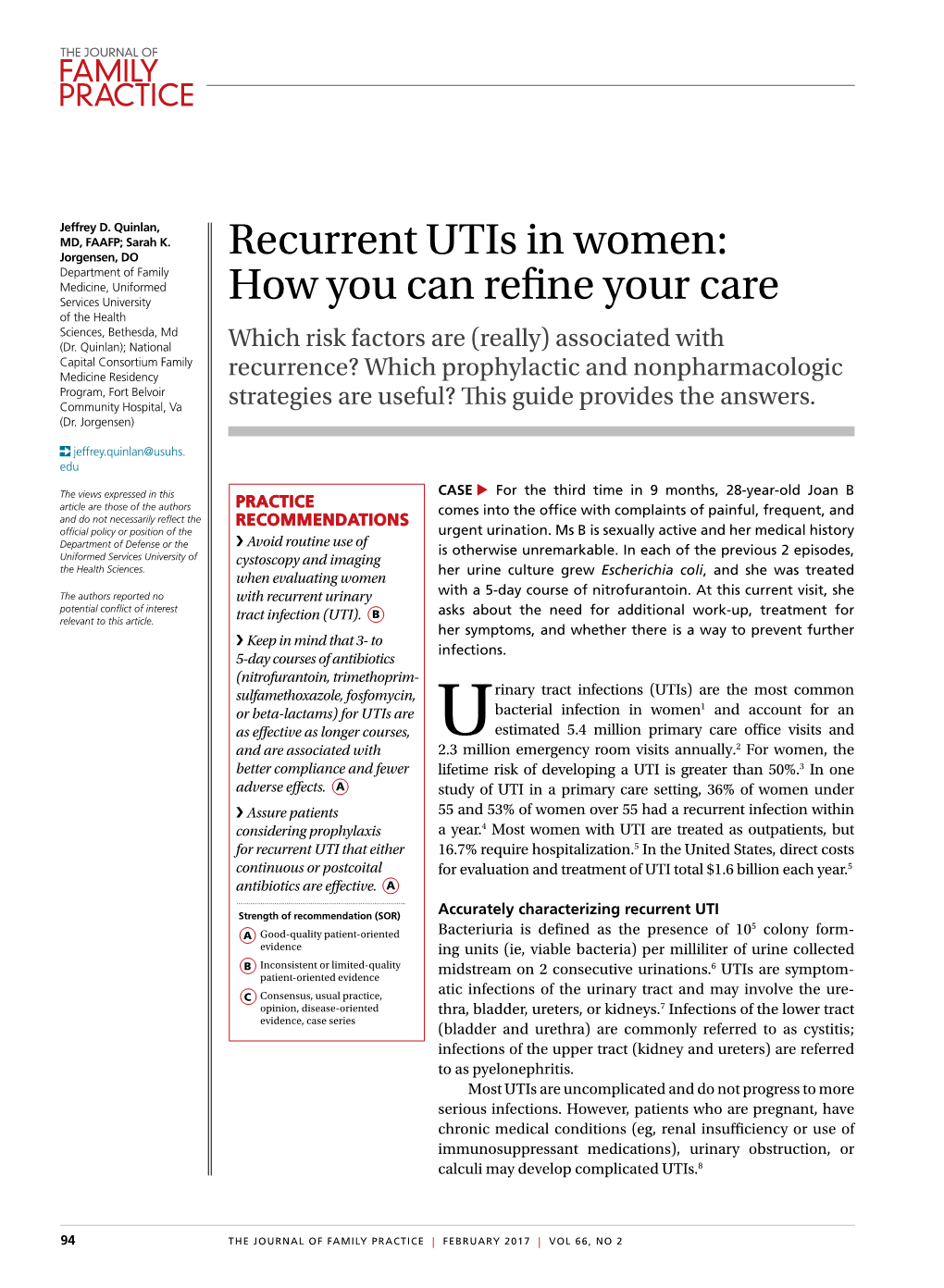 Recurrent Utis in Women: Department of Family Medicine, Uniformed Services University How You Can Refine Your Care of the Health Sciences, Bethesda, Md (Dr