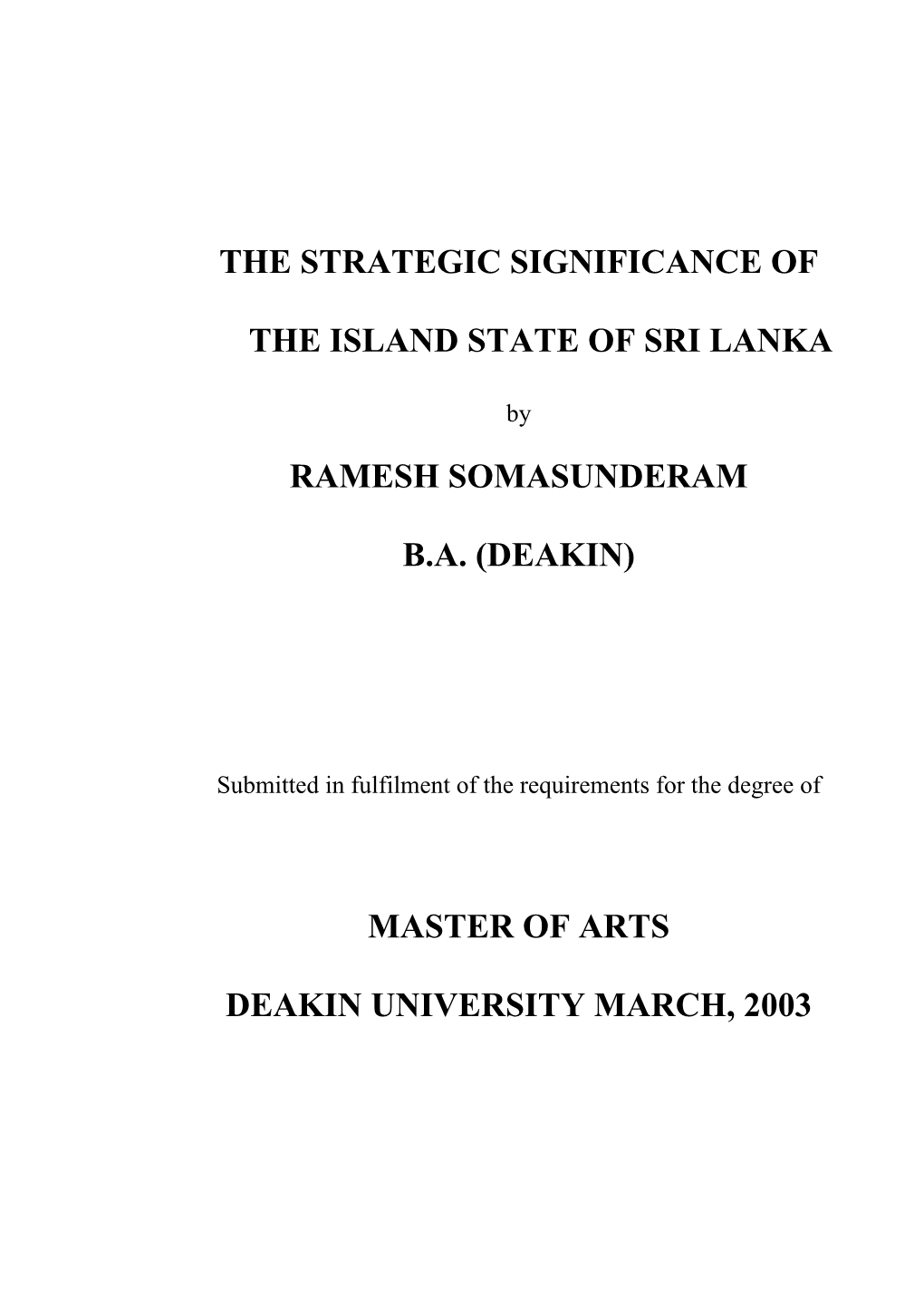 The Strategic Significance of the Island State of Sri Lanka