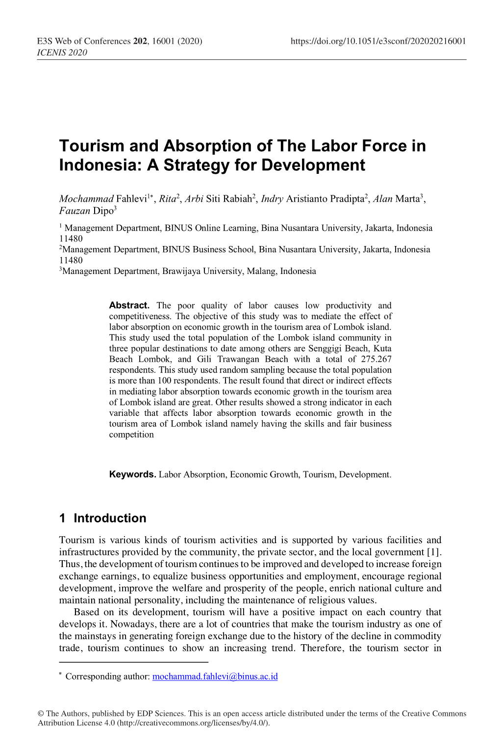 Tourism and Absorption of the Labor Force in Indonesia: a Strategy for Development