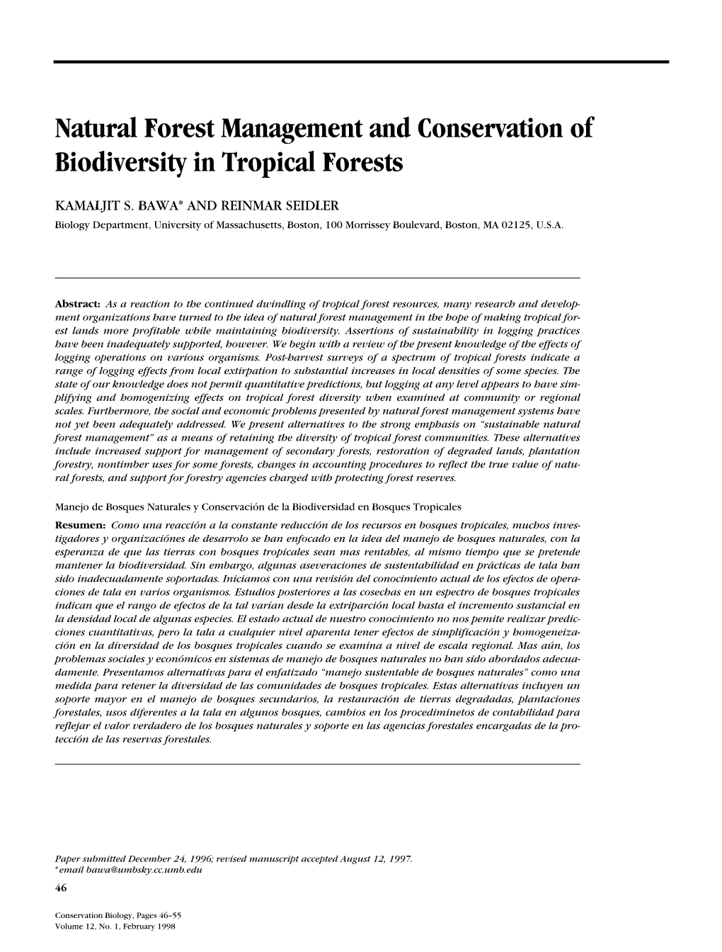 Natural Forest Management and Conservation of Biodiversity in Tropical Forests