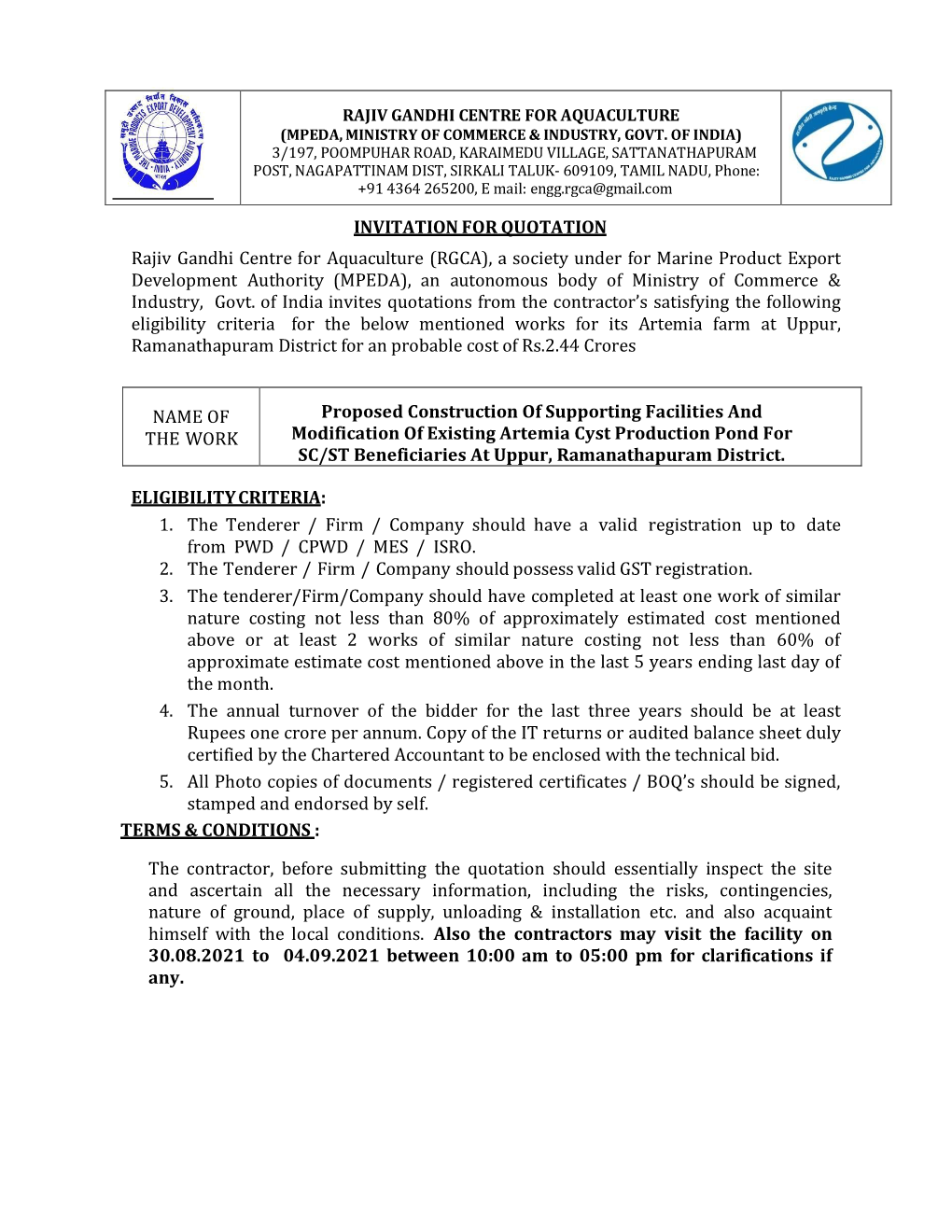 INVITATION for QUOTATION Rajiv Gandhi Centre for Aquaculture (RGCA), a Society Under for Marine Product Export Development Autho