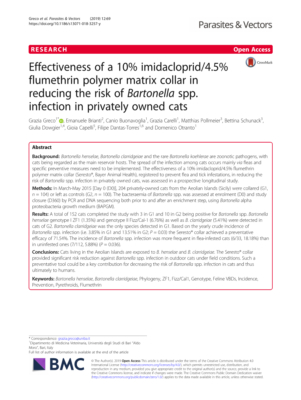 Effectiveness of a 10% Imidacloprid/4.5% Flumethrin Polymer Matrix Collar in Reducing the Risk of Bartonella Spp