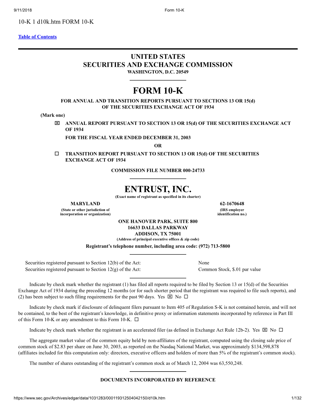 Form 10-K Entrust, Inc
