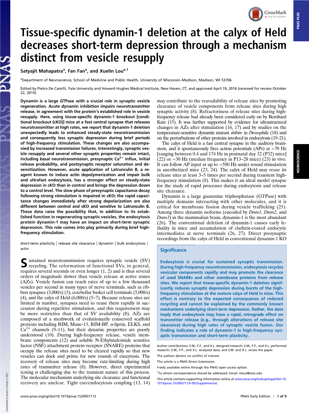 Tissue-Specific Dynamin-1 Deletion at the Calyx of Held Decreases Short