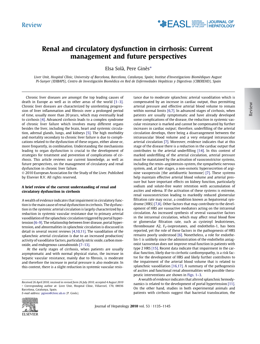 Renal and Circulatory Dysfunction in Cirrhosis: Current Management and Future Perspectives