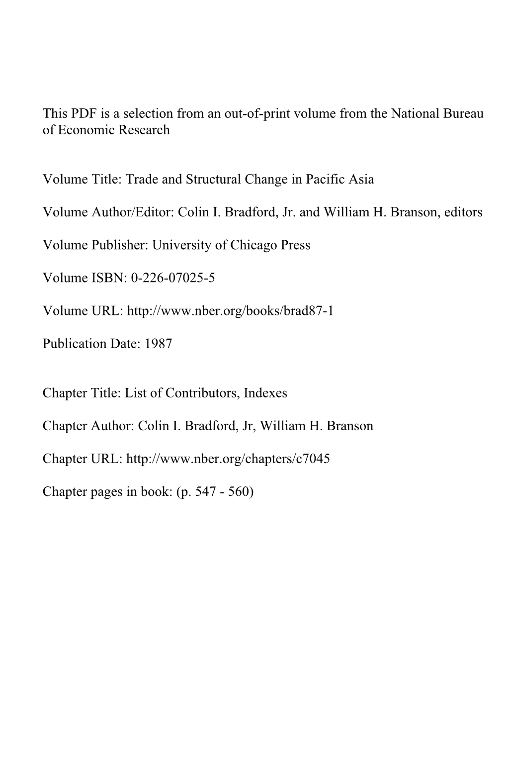 List of Contributors, Indexes