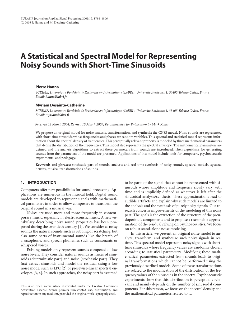 A Statistical and Spectral Model for Representing Noisy Sounds with Short-Time Sinusoids