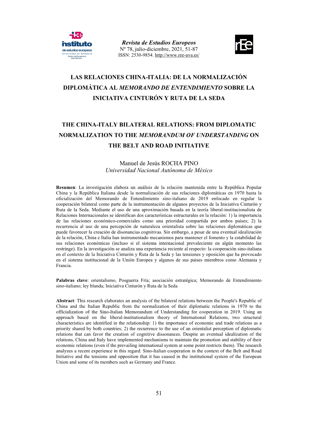 Las Relaciones China-Italia: De La Normalización Diplomática Al Memorando De Entendimiento Sobre La Iniciativa Cinturón Y Ruta De La Seda
