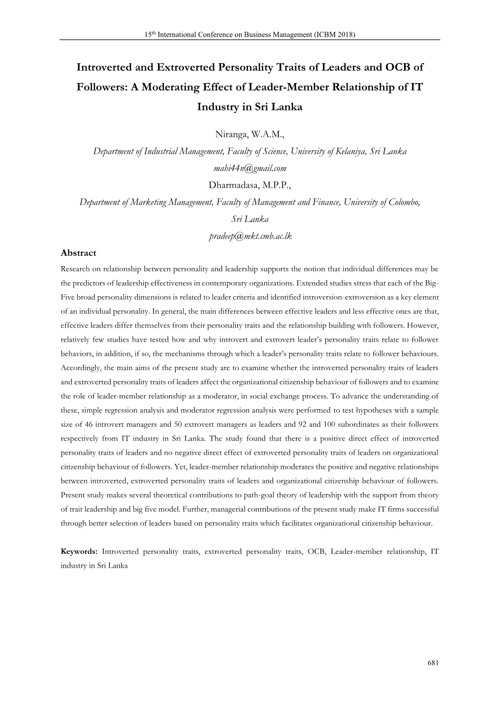 Introverted and Extroverted Personality Traits of Leaders and OCB of Followers: a Moderating Effect of Leader-Member Relationship of IT Industry in Sri Lanka