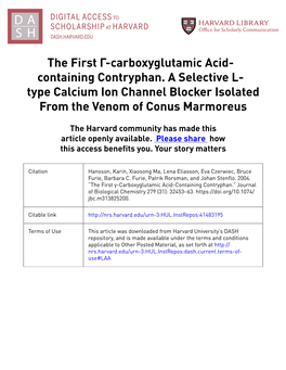 The First Γ-Carboxyglutamic Acid- Containing Contryphan. a Selective L- Type Calcium Ion Channel Blocker Isolated from the Venom of Conus Marmoreus
