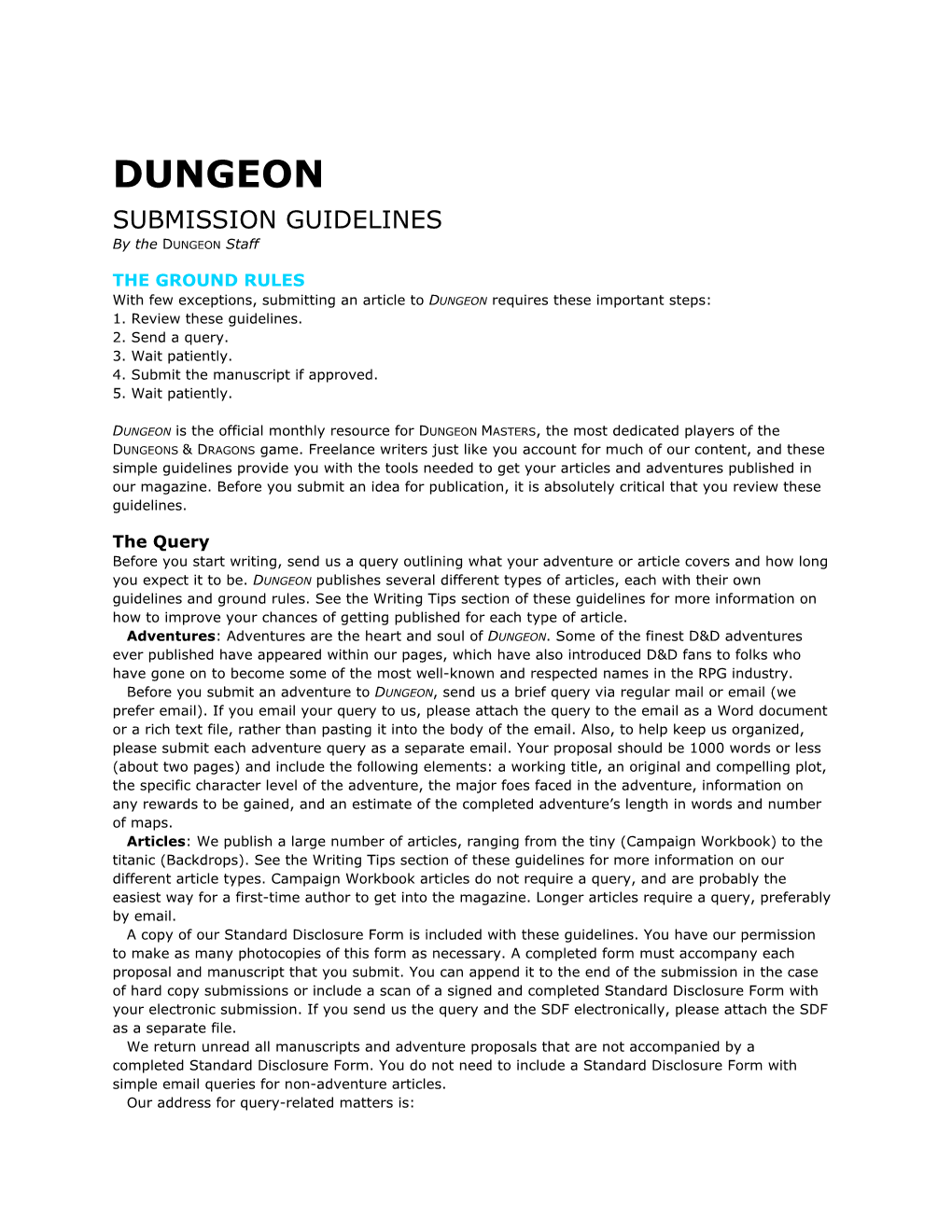 DUNGEON SUBMISSION GUIDELINES by the DUNGEON Staff