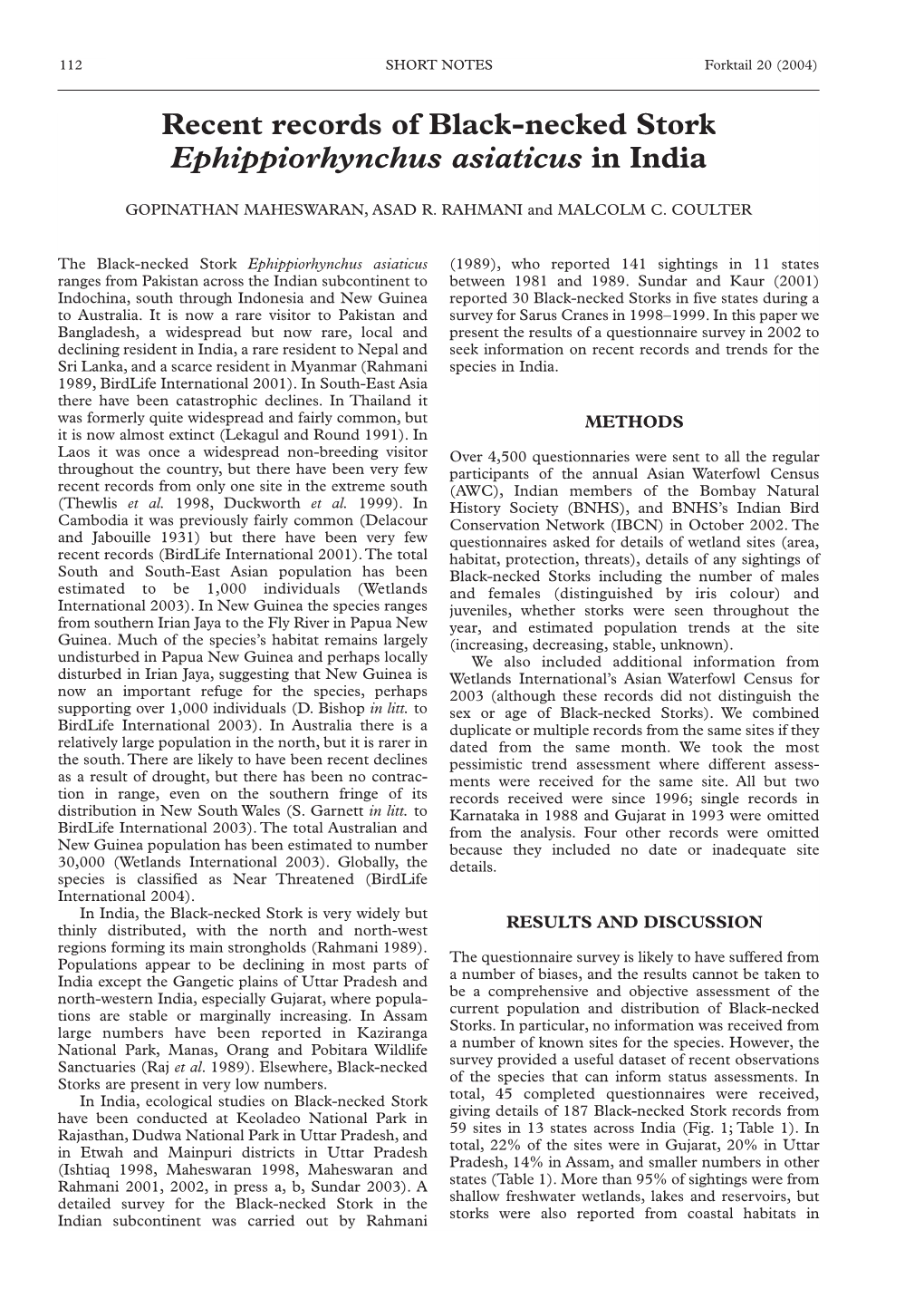 Recent Records of Black-Necked Stork Ephippiorhynchus Asiaticus in India