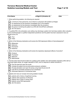 Torrance Memorial Medical Center Sedation Learning Module and Test Page 7 of 10