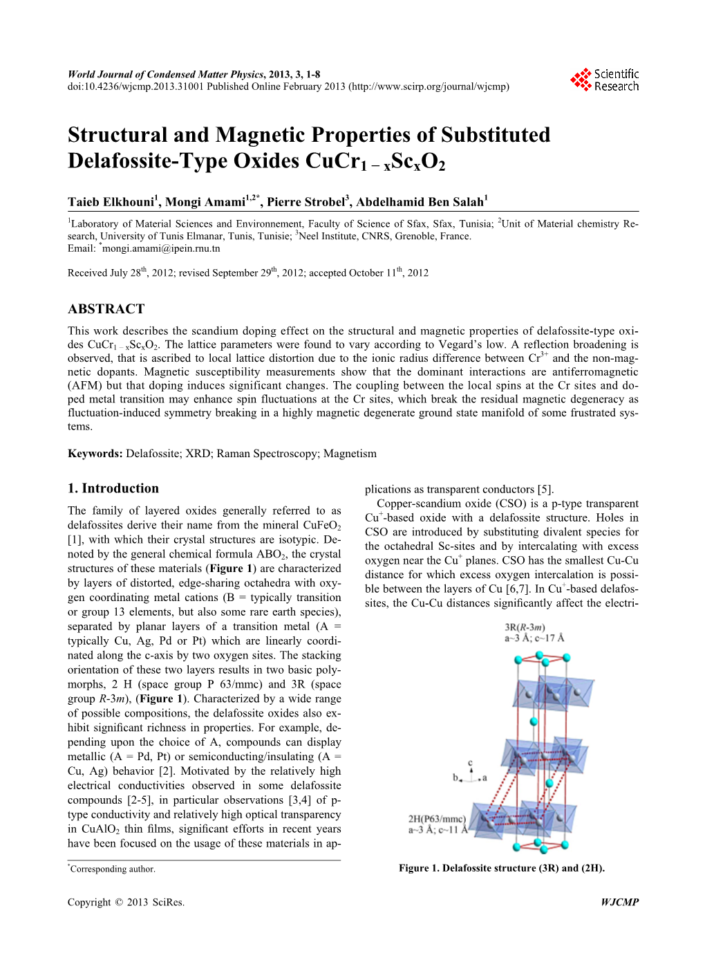 Structural and Magnetic Properties of Substituted Delafossite-Type Oxides Cucr1 − Xscxo2