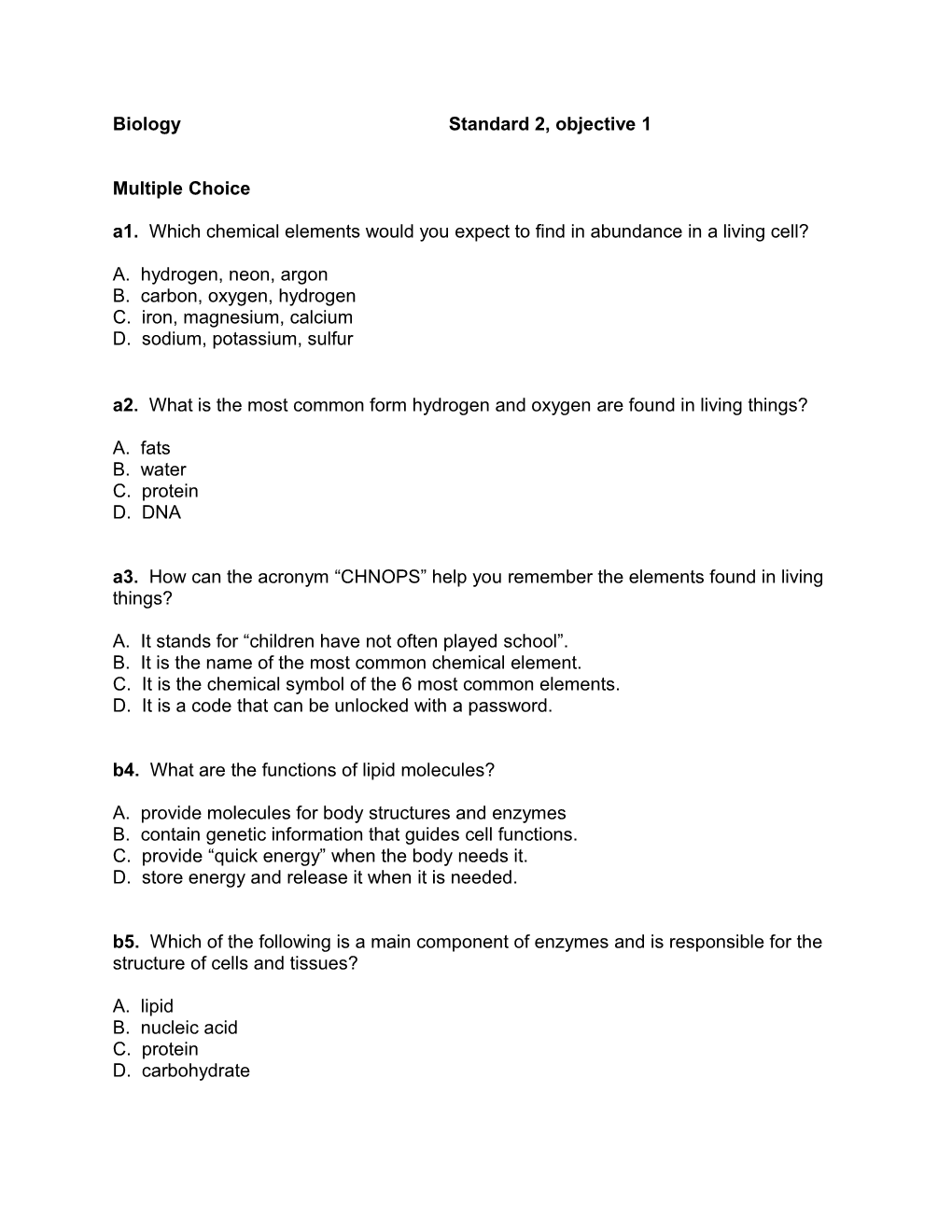 Biology Standard 2, Objective 1