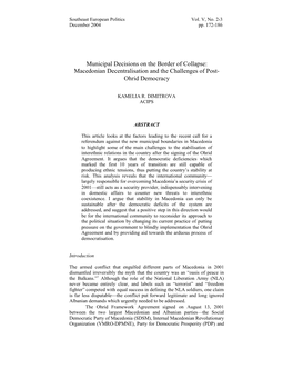 Municipal Decisions on the Border of Collapse: Macedonian Decentralisation and the Challenges of Post- Ohrid Democracy