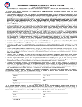 Wrigley Field Experience Waiver of Liability / Publicity Form Read This Notice Carefully