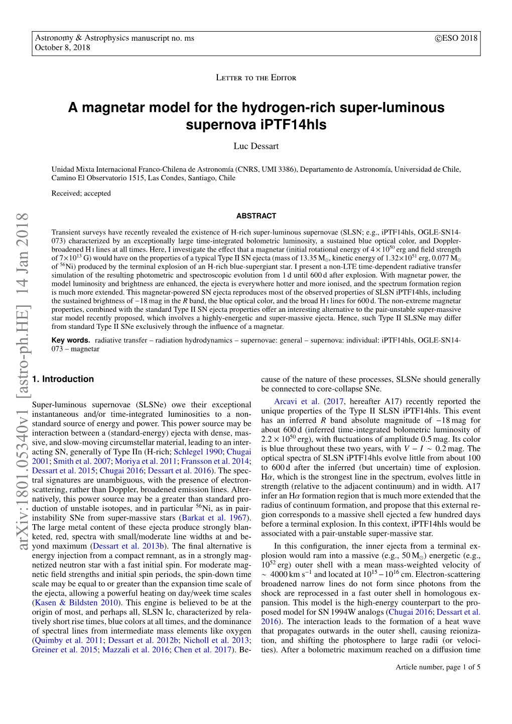 A Magnetar Model for the Hydrogen-Rich Super-Luminous Supernova Iptf14hls Luc Dessart