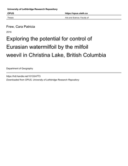 Exploring the Potential for Control of Eurasian Watermilfoil by the Milfoil Weevil in Christina Lake, British Columbia