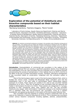 Exploration of the Potential of Holothuria Atra Bioactive Compounds Based on Their Habitat Characteristics 1Bambang Sulardiono, 2Sutrisno Anggoro, 3Renni Yuniati
