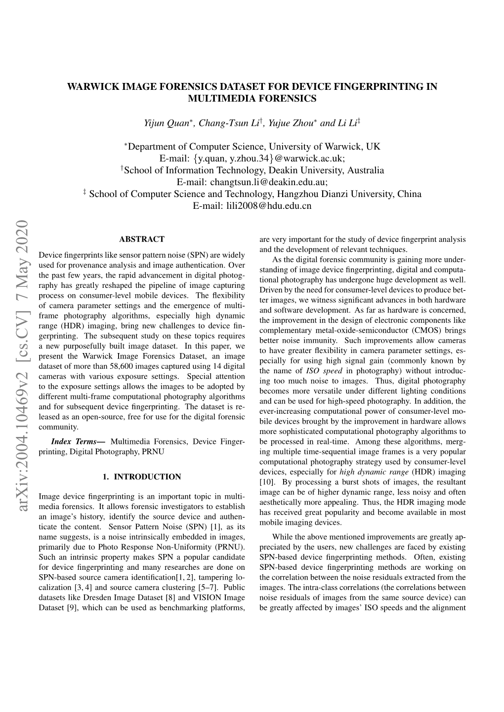 Warwick Image Forensics Dataset for Device Fingerprinting in Multimedia Forensics