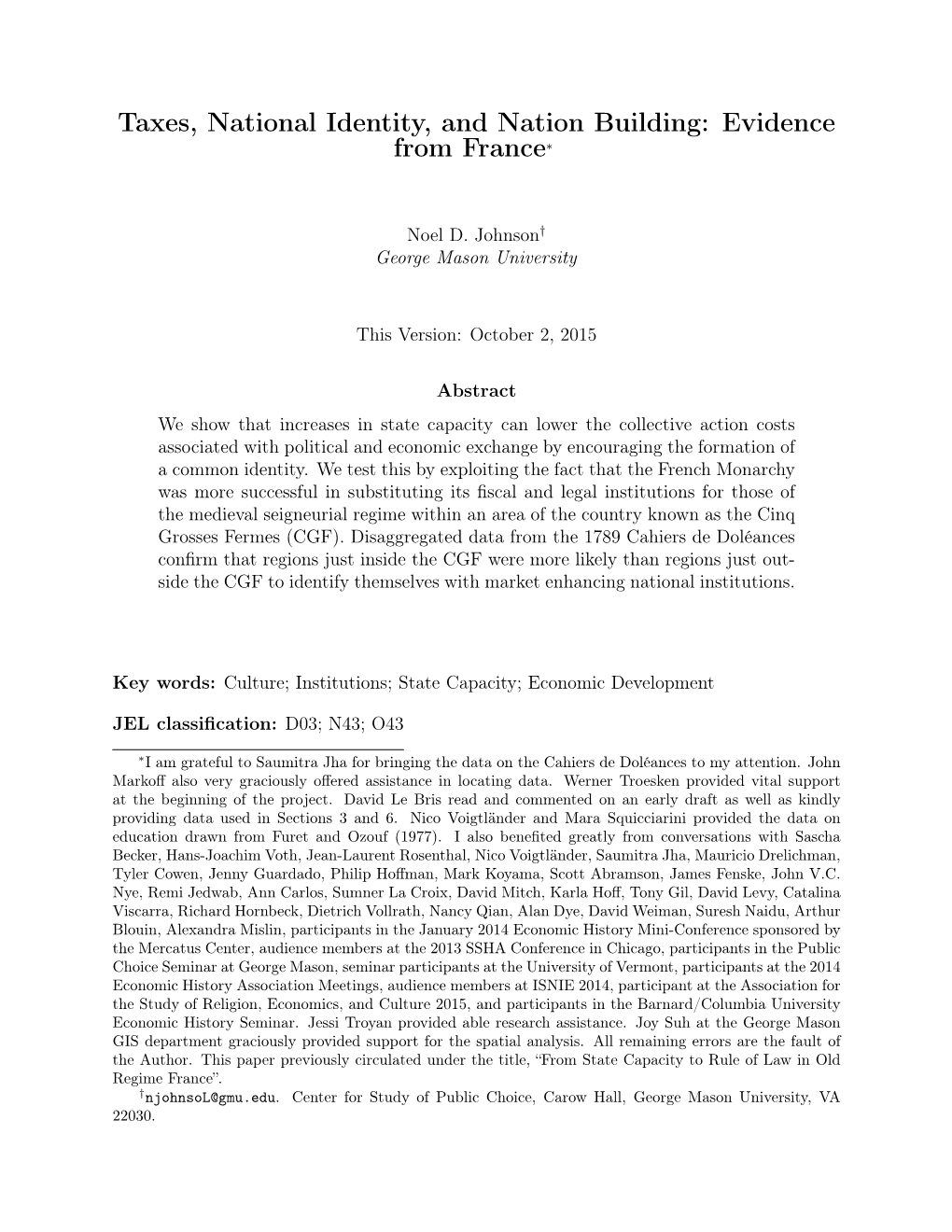 Taxes, National Identity, and Nation Building: Evidence from France∗