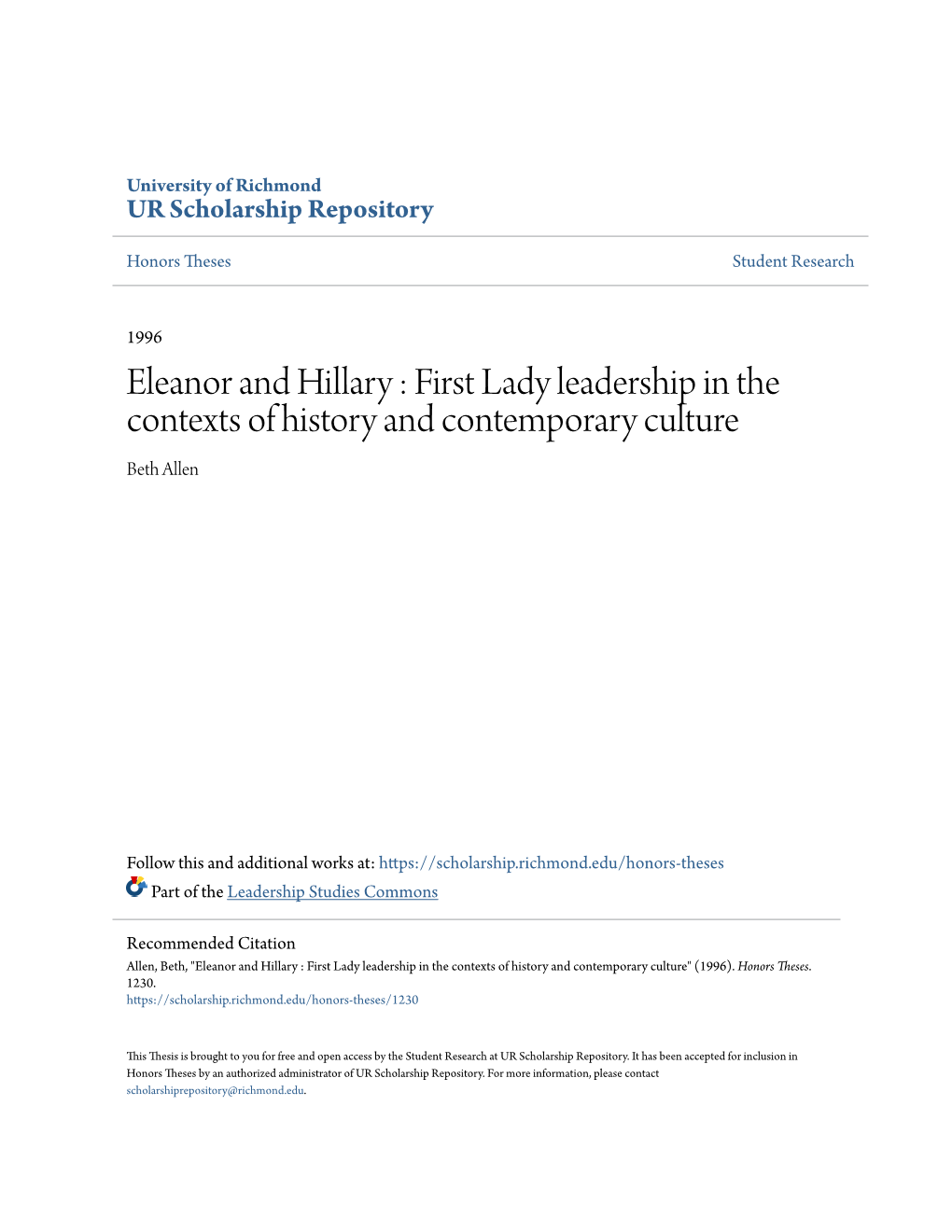 Eleanor and Hillary : First Lady Leadership in the Contexts of History and Contemporary Culture Beth Allen