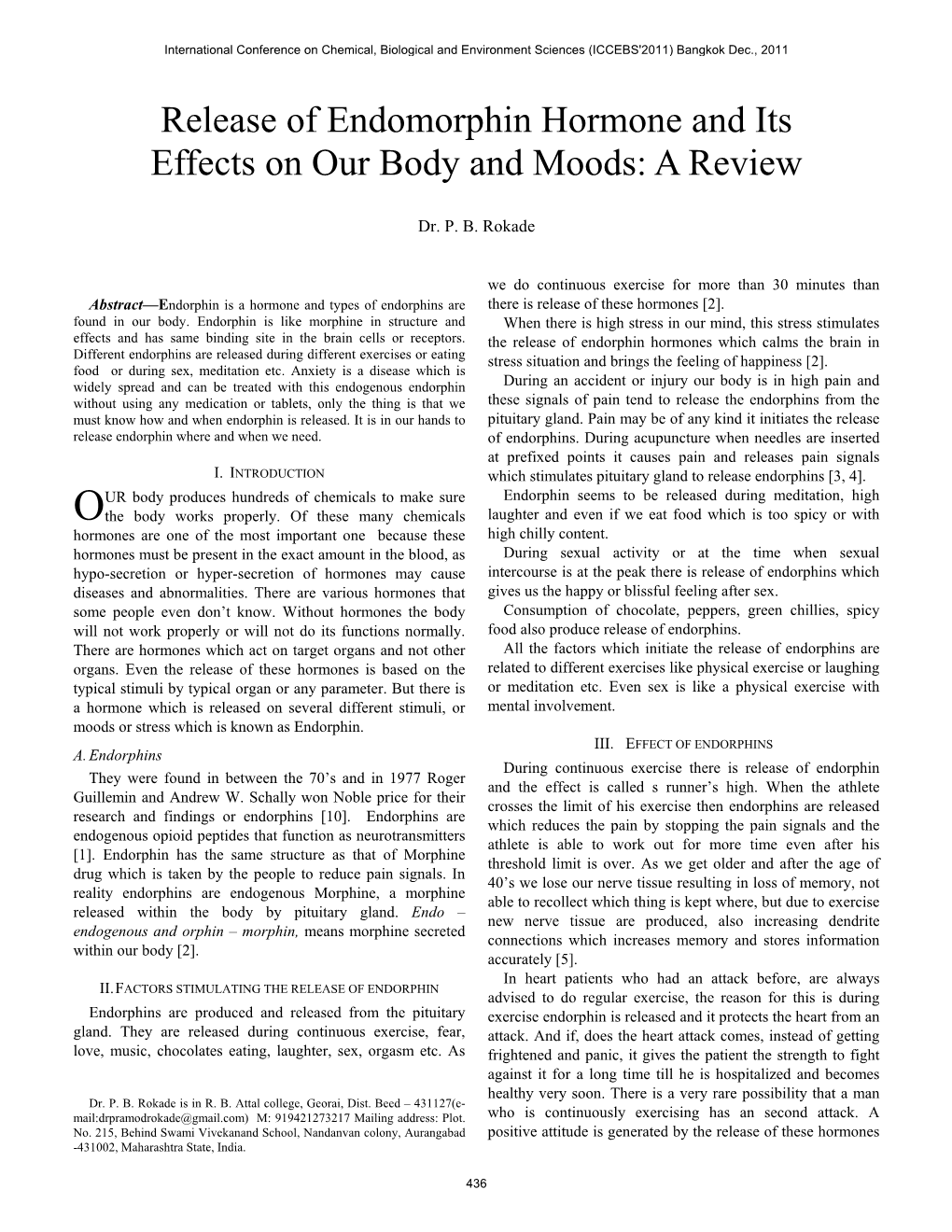 Release of Endomorphin Hormone and Its Effects on Our Body and Moods: a Review