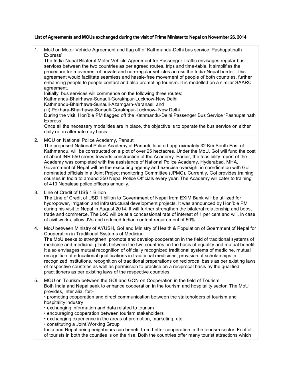 List of Agreements and Mous Exchanged on November 26, 2014