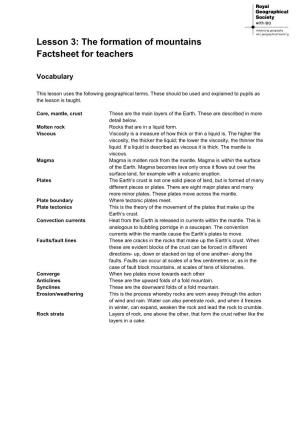 Lesson 3: the Formation of Mountains Factsheet for Teachers
