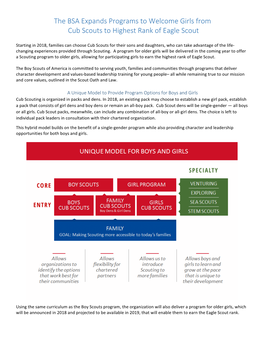 The BSA Expands Programs to Welcome Girls from Cub Scouts to Highest Rank of Eagle Scout