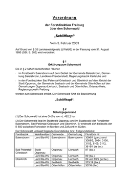 Verordnung „Schliffkopf“ Des Regierungspräsidiums Karls- Ruhe Vom 7