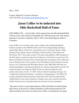 Jason Collier to Be Inducted Into Ohio Basketball Hall of Fame