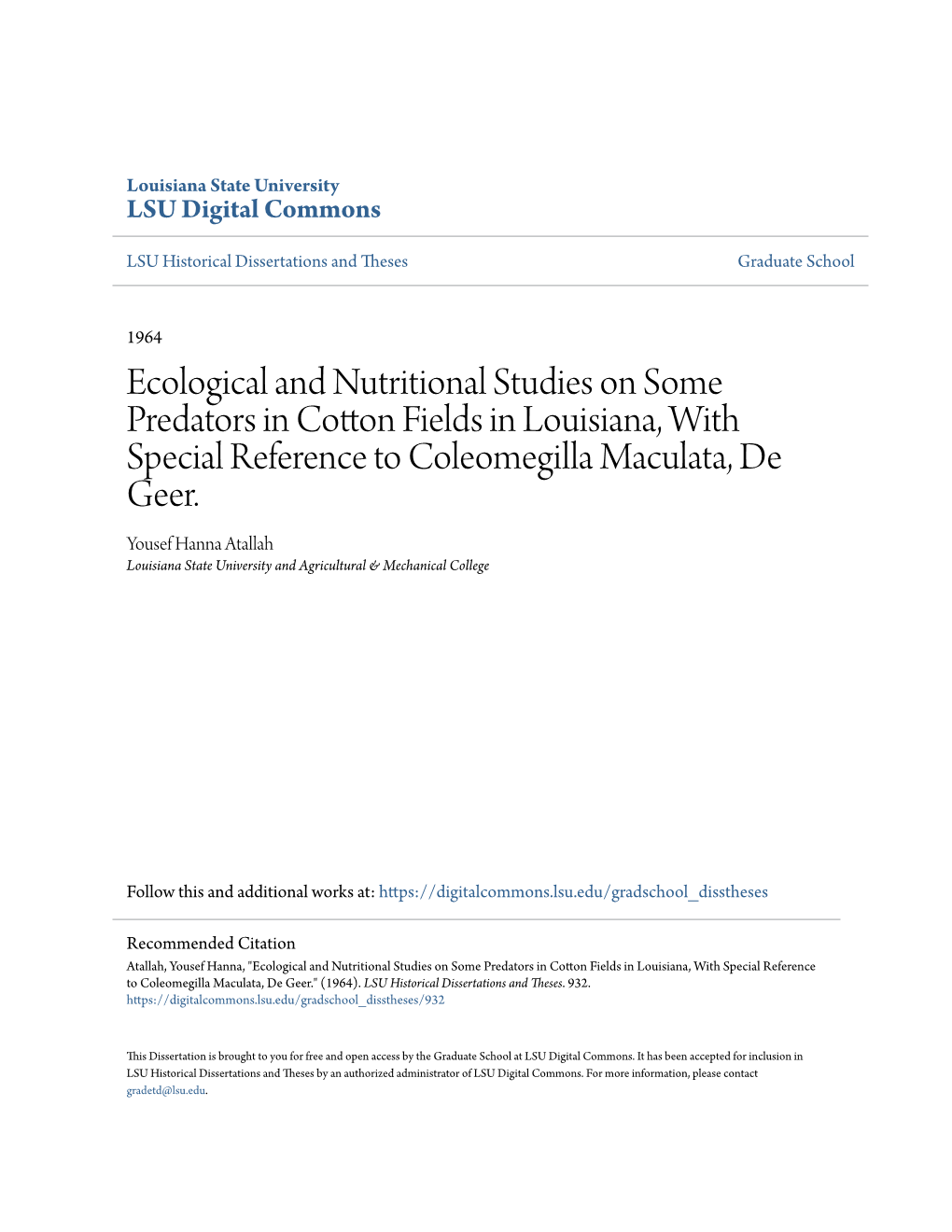 Ecological and Nutritional Studies on Some Predators in Cotton Fields in Louisiana, with Special Reference to Coleomegilla Maculata, De Geer