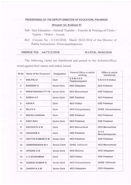 The Following Clerks Are Transferred and Posted to the Schools/Olfices Noted Against Their Names and Orders Issued