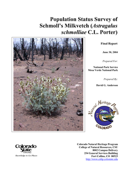Population Status Survey of Schmoll's Milkvetch (Astragalus Schmolliae