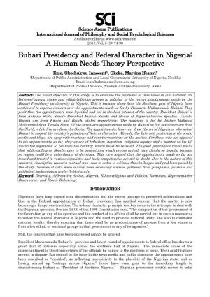 Buhari Presidency and Federal Character in Nigeria: a Human Needs Theory Perspective