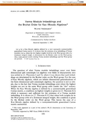 Verma Module Lmbeddings and the Bruhat Order for Kac-Moody Algebras*