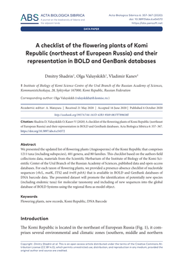 A Checklist of the Flowering Plants of Komi Republic (Northeast of European Russia) and Their Representation in BOLD and Genbank Databases