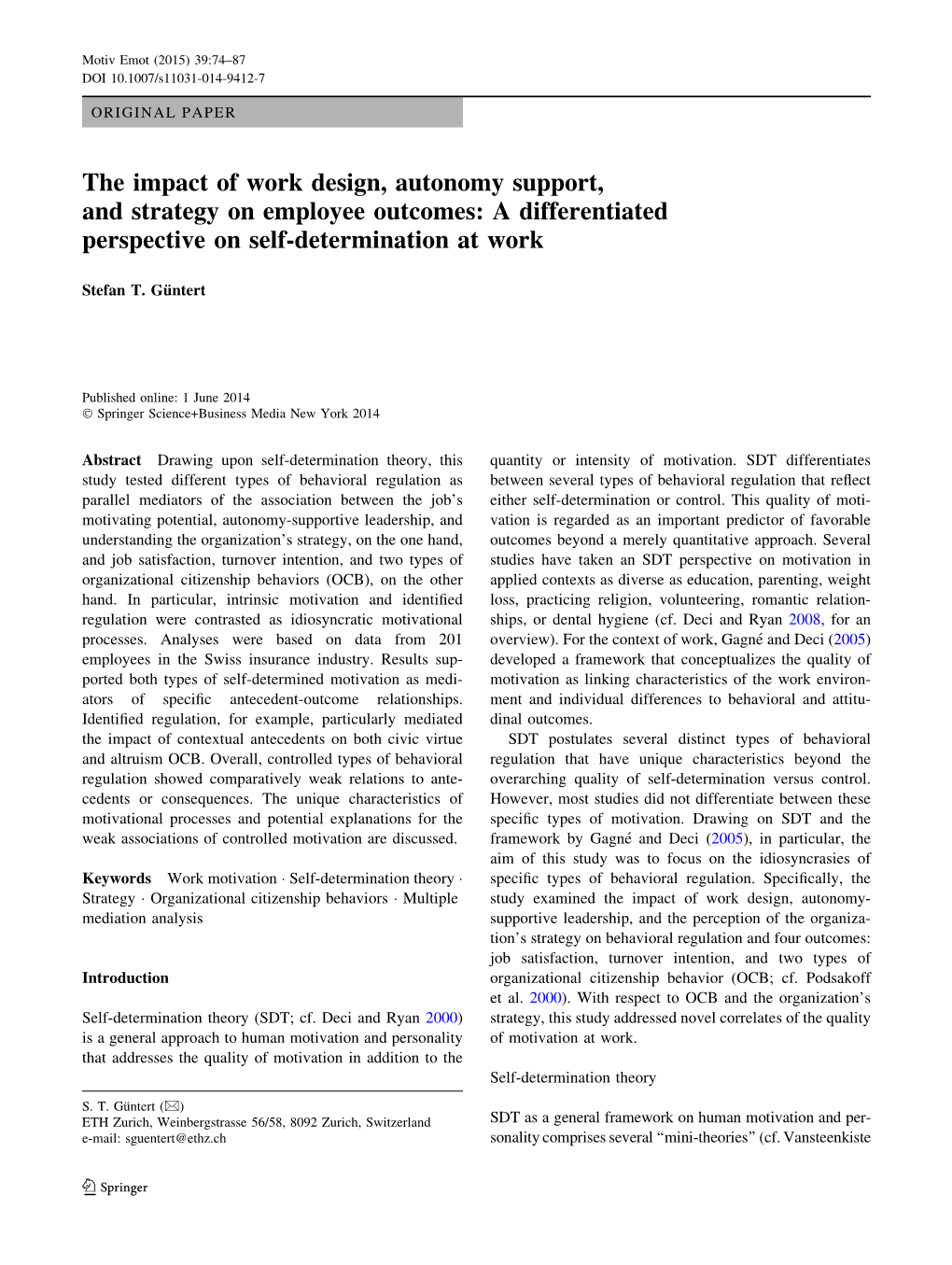 The Impact of Work Design, Autonomy Support, and Strategy on Employee Outcomes: a Differentiated Perspective on Self-Determination at Work