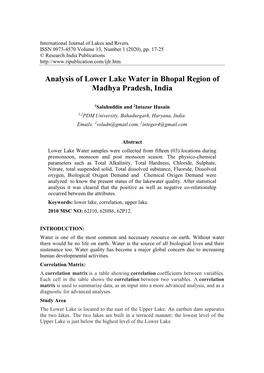 Analysis of Lower Lake Water in Bhopal Region of Madhya Pradesh, India