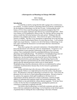 A Retrospective on Phonology in Chicago 1965-2004 Bill J. Darden