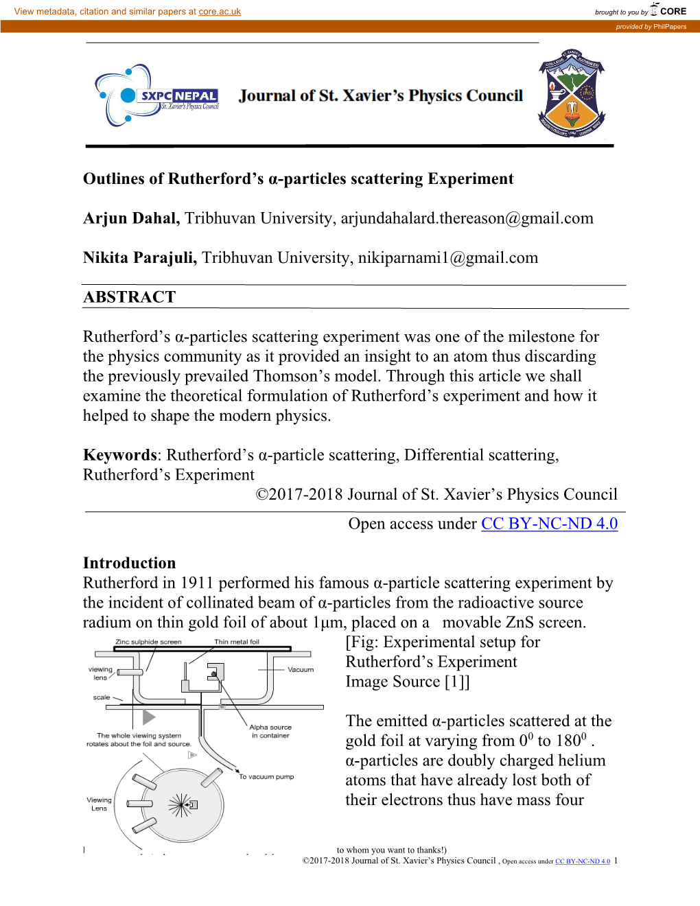 Outlines of Rutherford's Α-Particles Scattering Experiment Arjun Dahal