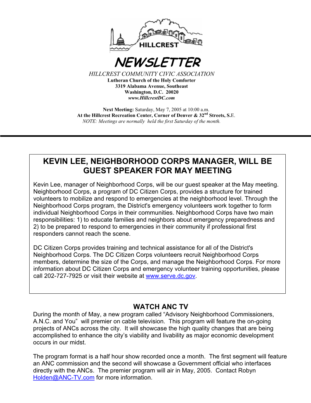 NEWSLETTER HILLCREST COMMUNITY CIVIC ASSOCIATION Lutheran Church of the Holy Comforter 3319 Alabama Avenue, Southeast Washington, D.C