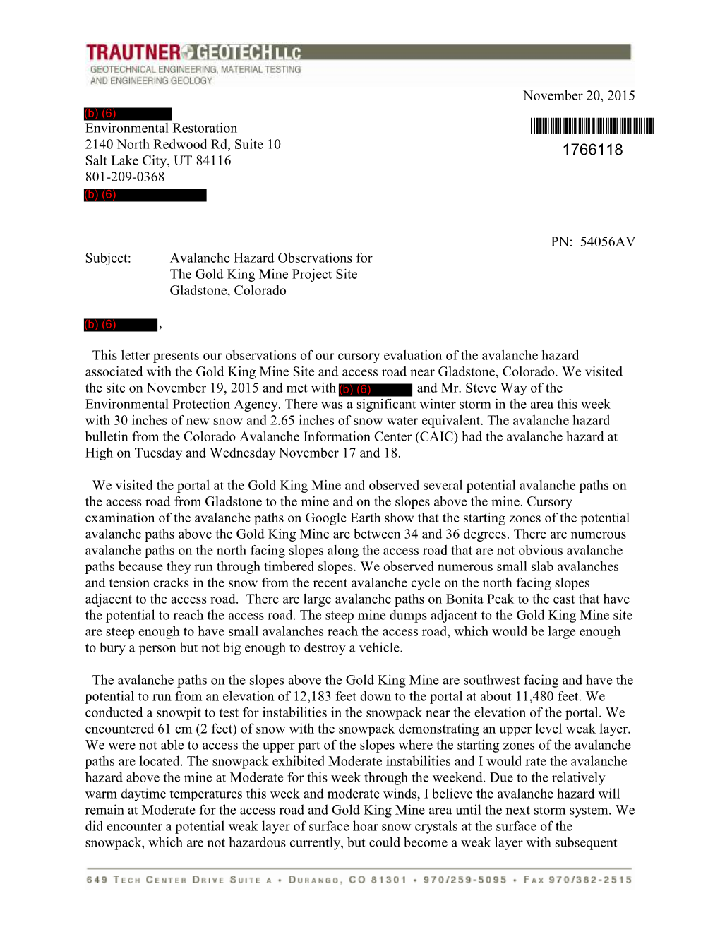 REDACTED Letter Presents Avalanche Hazard Observations For